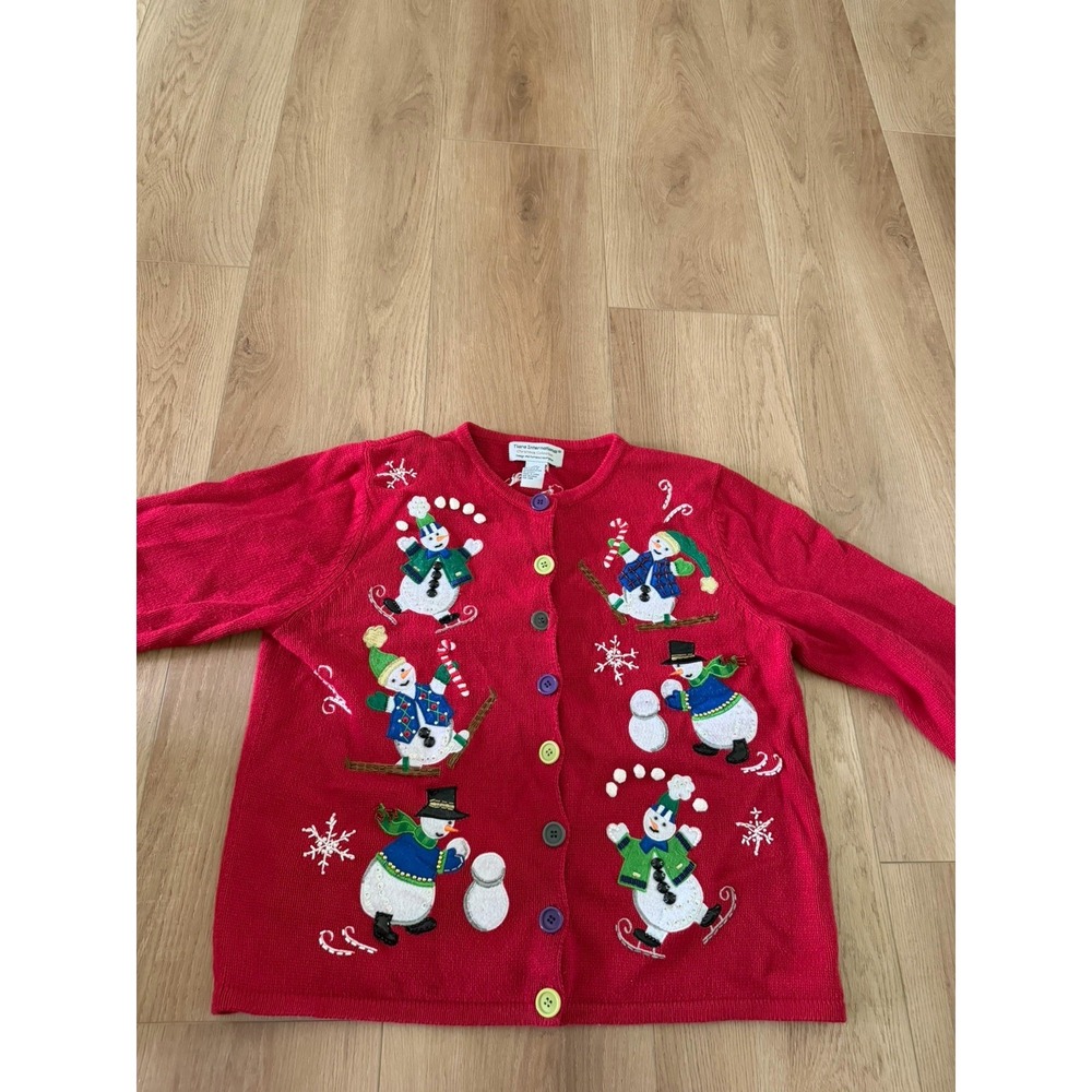 Vtg Christmas Sweater Cardigan Tiara International Red Snowmen Size L Large